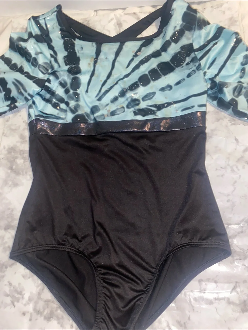 Justice Blue Tie-Dye and Black One-Piece with Metallic Trim